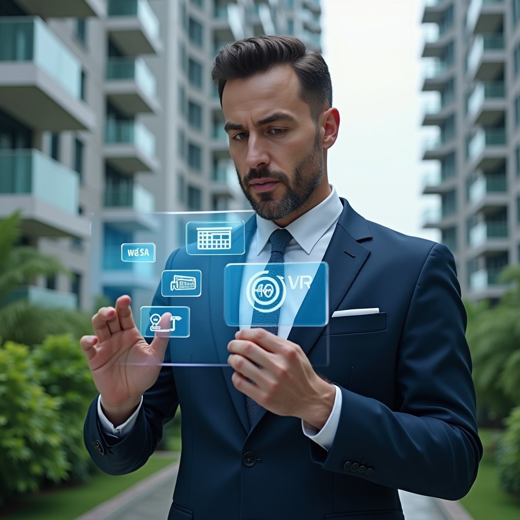 (Ultra-realistic condominium manager in a navy blue executive suit, set in a modern luxury condominium environment with high-rise buildings and lush green landscaping, reviewing a floating holographic interface displaying chat bubbles, financial charts, booking calendars and security camera icons, confident expression, cinematic lighting, shallow depth of field, highly detailed textures, realistic skin, photographic realism, 8k resolution --ar 1:1 --v 6)