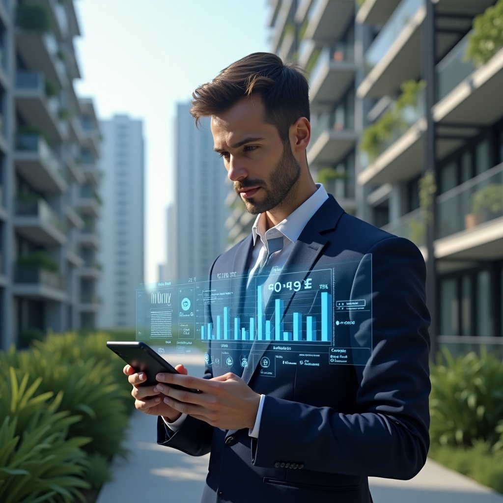 Ultra-realistic condominium manager in a navy blue suit, set in a modern luxury condominium environment with high-rise buildings and green landscaping, holding a smartphone and gesturing toward a floating holographic interface displaying app icons, financial graphs, and reservation symbols, confident and focused expression, cinematic lighting, shallow depth of field, highly detailed textures, realistic skin, photographic realism, 8k resolution --ar 1:1 --v 6