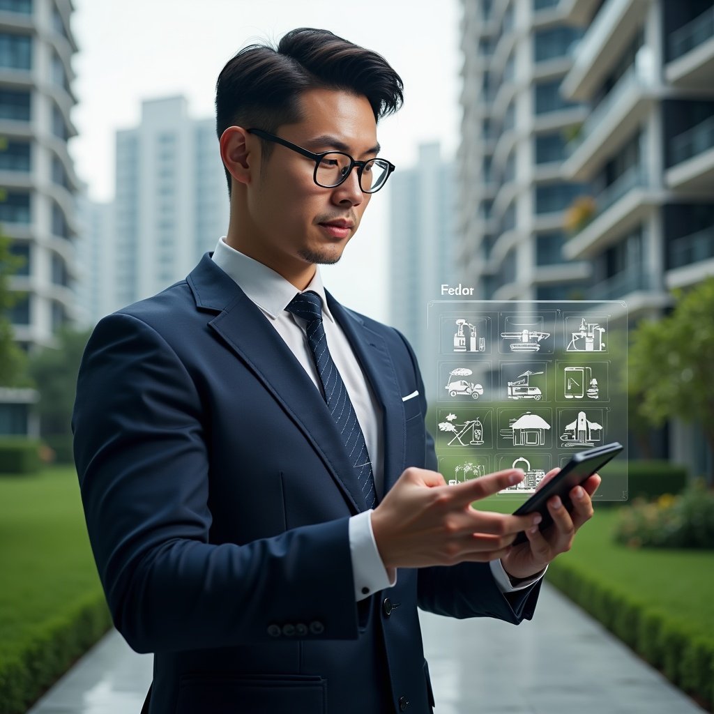 Ultra-realistic condominium manager in a tailored navy suit, set in a modern luxury condominium environment with high-rise buildings and manicured green landscaping, analyzing a holographic calendar schedule with floating maintenance and assembly icons, confident and focused expression, cinematic lighting, shallow depth of field, highly detailed textures, realistic skin, photographic realism, 8k resolution --ar 1:1 --v 6