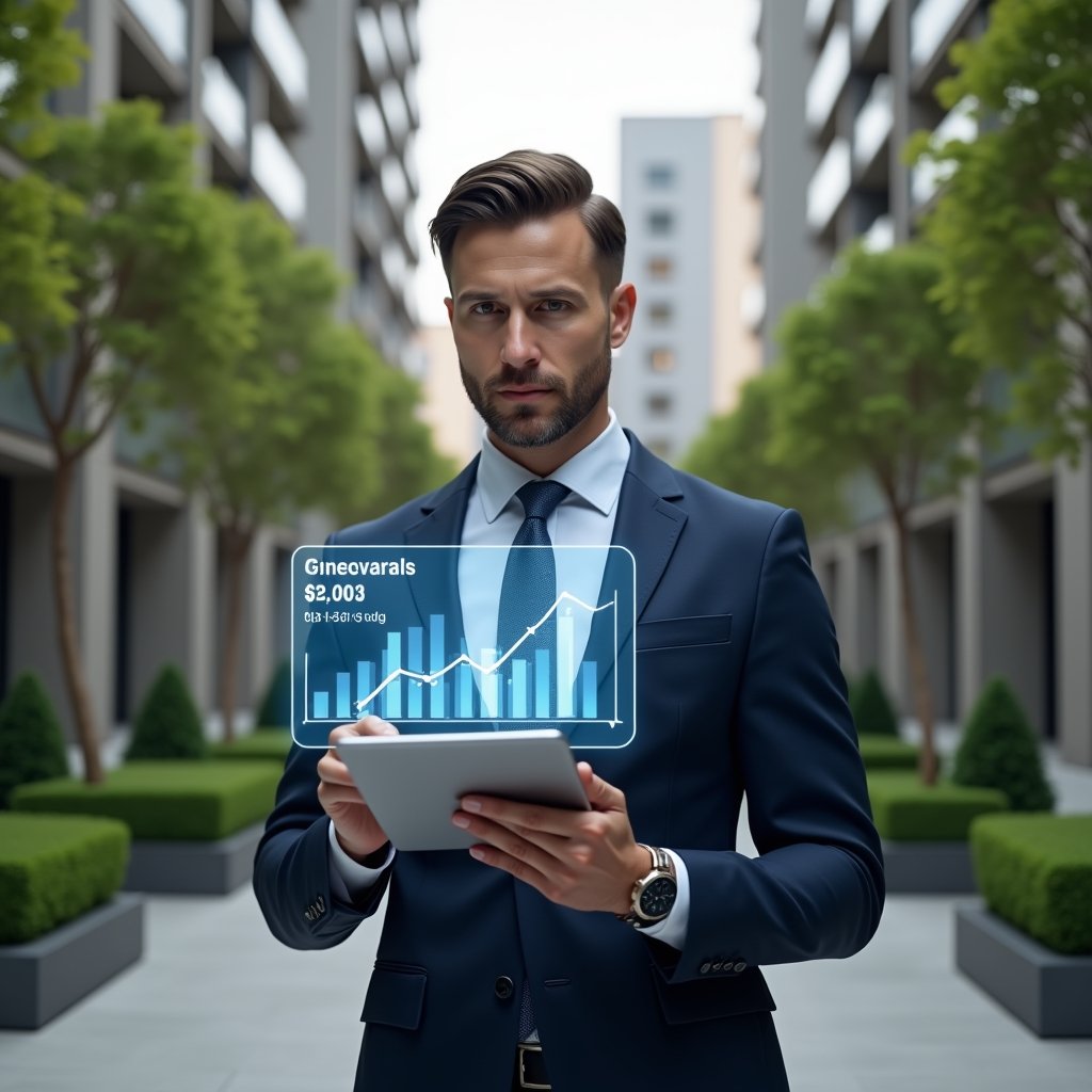 (Ultra-realistic condominium manager in a tailored navy suit, set in a modern luxury condominium environment with high-rise buildings and manicured greenery, holding a digital tablet and reviewing a holographic bar chart of cost savings, confident expression, cinematic lighting, shallow depth of field, highly detailed textures, realistic skin, photographic realism, 8k resolution --ar 1:1 --v 6)