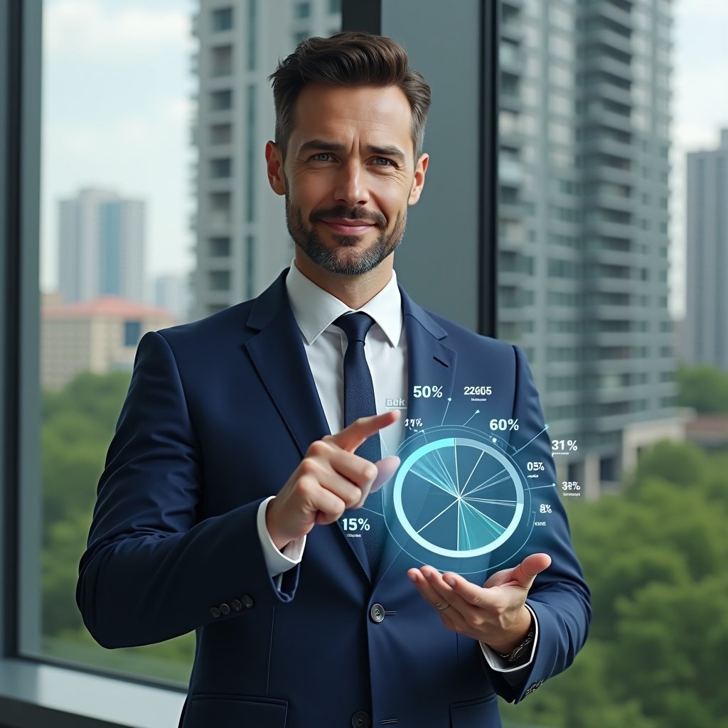 Ultra-realistic condominium manager in a navy executive suit, set in a modern luxury condominium environment with high-rise buildings and green landscaping, holding a holographic pie chart of fraction divisions while pointing and analyzing data, floating numeric overlays representing rateios, confident and focused expression, cinematic lighting, shallow depth of field, highly detailed textures, realistic skin, photographic realism, 8k resolution --ar 1:1 --v 6