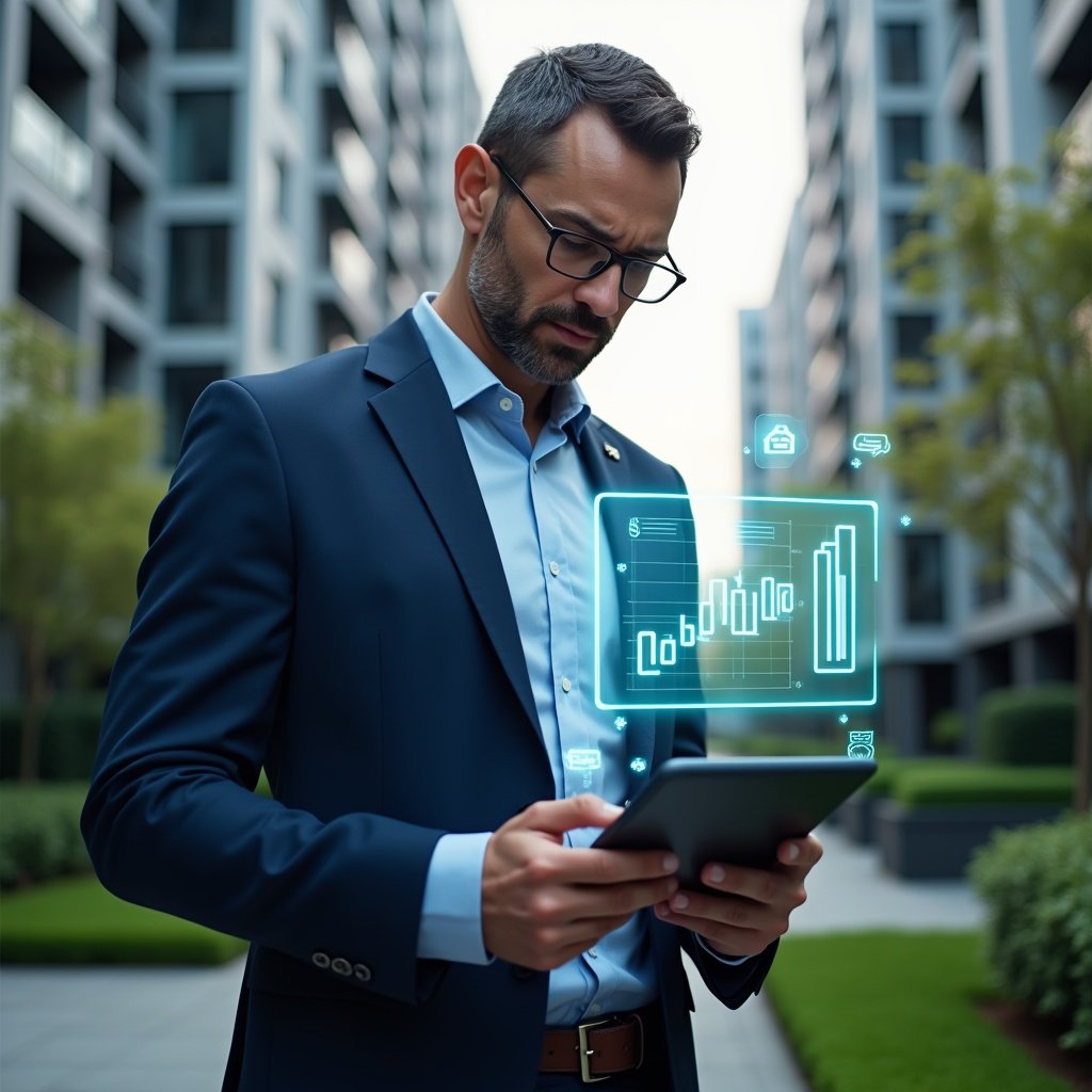 Ultra-realistic condominium manager in a navy blue suit, set in a modern luxury condominium environment with high-rise buildings and manicured green landscaping, analyzing a holographic financial report projected from a tablet, holographic charts and expense icons floating around, serious and confident expression, cinematic lighting, shallow depth of field, highly detailed textures, realistic skin, photographic realism, 8k resolution --ar 1:1 --v 6