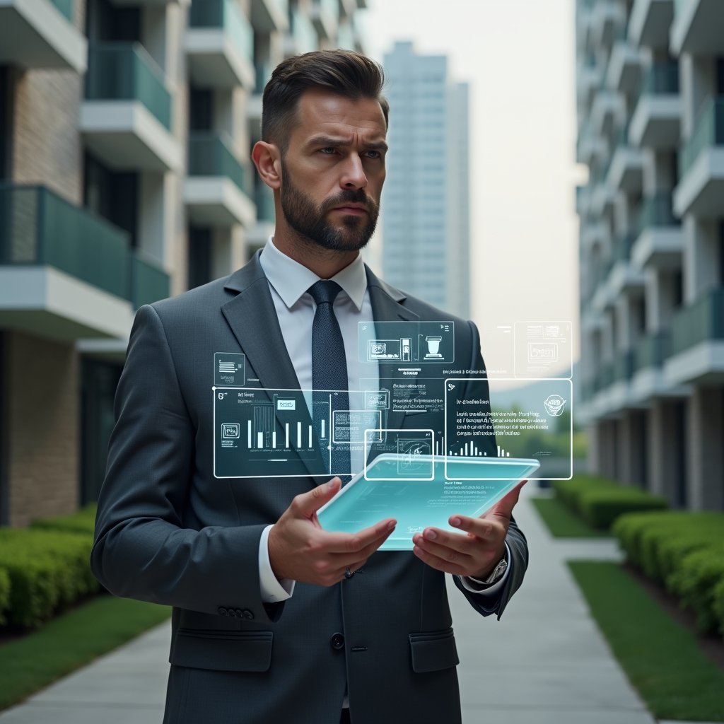 Ultra-realistic property manager in a charcoal gray suit, set in a modern luxury condominium environment with high-rise buildings and manicured green landscaping, holding a transparent holographic tablet displaying warning icons and charts related to condominium management errors, looking thoughtful and focused, holographic app interface elements floating around, cinematic lighting, shallow depth of field, highly detailed textures, realistic skin, photographic realism, 8k resolution --ar 1:1 --v 6