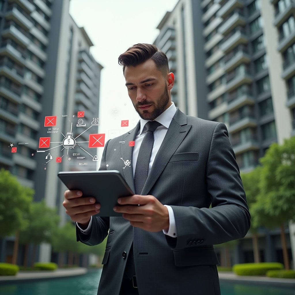 (Ultra-realistic condominium manager in a charcoal gray tailored suit, set in a modern luxury condominium environment with high-rise buildings and green landscaping, examining holographic red “X” icons over floating financial reports and communication alerts, serious and focused expression, cinematic lighting, shallow depth of field, highly detailed textures, realistic skin, photographic realism, 8k resolution --ar 1:1 --v 6)