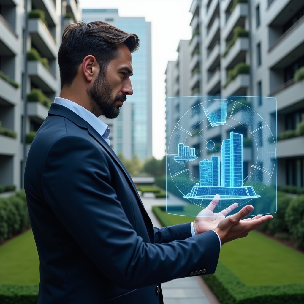Ultra-realistic property manager in a dark blue suit, set in a modern luxury condominium environment with high-rise buildings and manicured green landscaping, analyzing a holographic pie chart showing fraction ideal percentages of condo units, floating 3D building models around him, serious and focused expression, cinematic lighting, shallow depth of field, highly detailed textures, realistic skin, photographic realism, 8k resolution --ar 1:1 --v 6