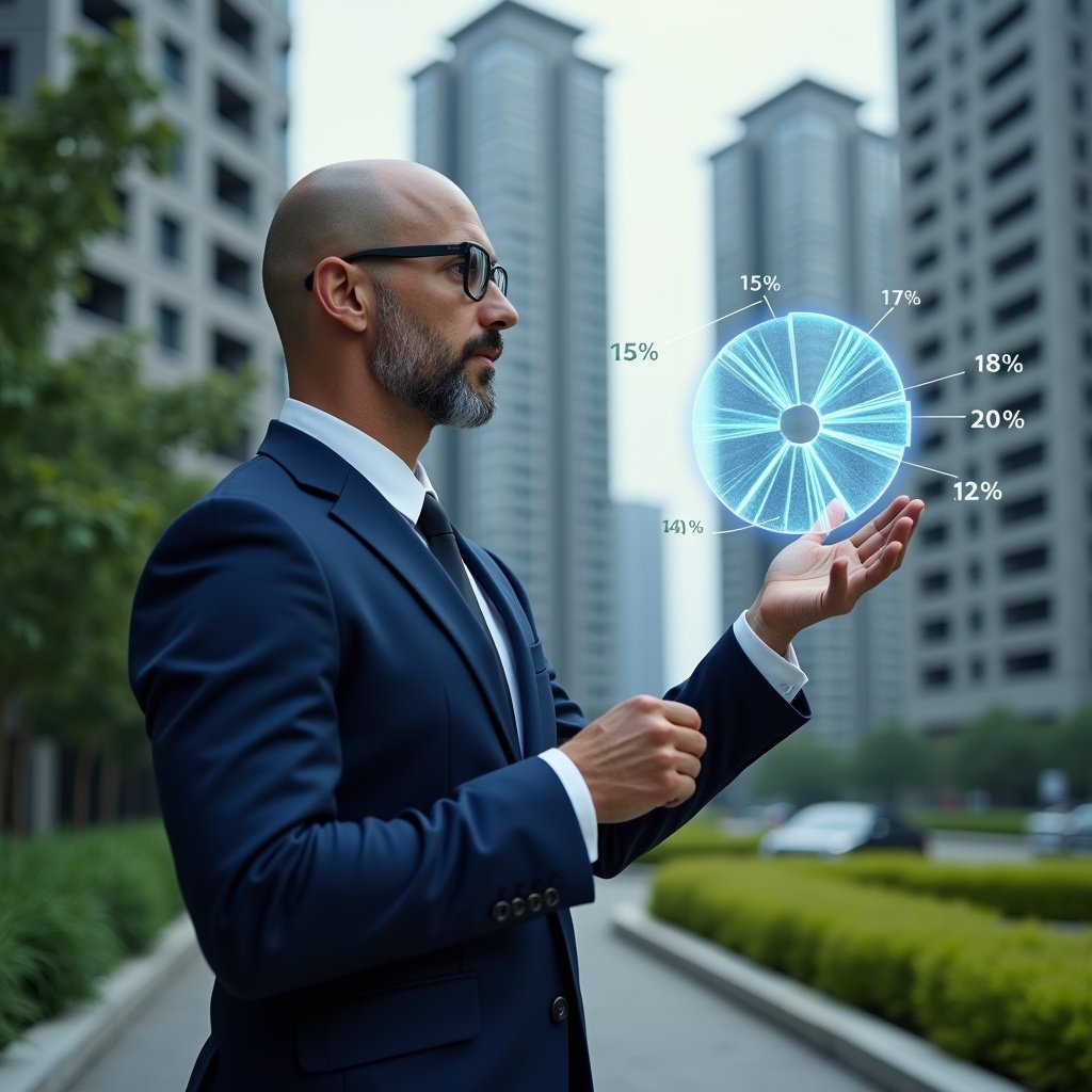 (Ultra-realistic property manager in a navy blue suit, set in a modern luxury condominium environment with high-rise buildings and meticulously manicured green landscaping, analyzing a holographic pie chart of unit fractions and floating percentage labels, conveying confidence and focus, cinematic lighting, shallow depth of field, highly detailed textures, realistic skin, photographic realism, 8k resolution --ar 1:1 --v 6)