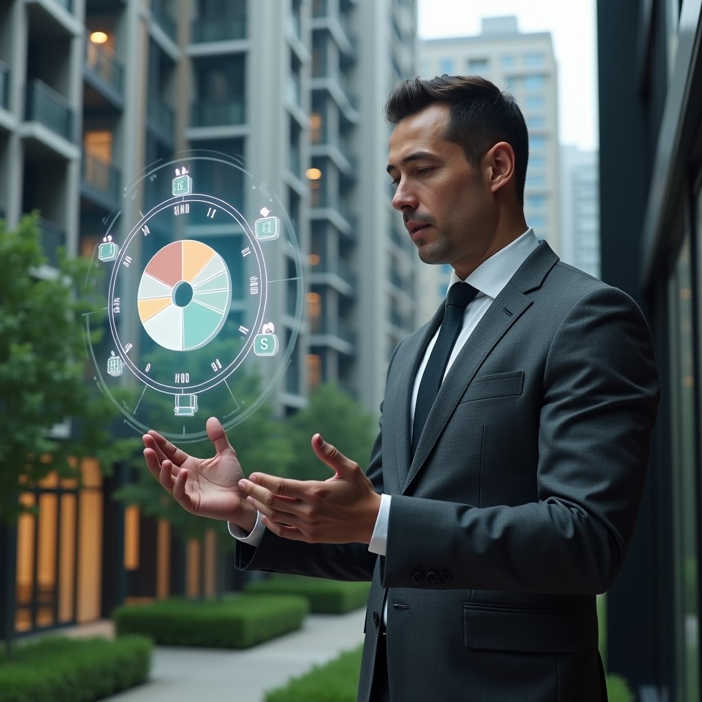 Ultra-realistic condo manager in a tailored dark gray suit, set in a modern luxury condominium environment with high-rise buildings and manicured green landscaping, mid-shot close-up of a confident professional analyzing a floating holographic pie-chart labeled “fraction ideal,” holographic icons of currency and voting ballots orbiting the chart, cinematic lighting, shallow depth of field, highly detailed textures, realistic skin, photographic realism, 8k resolution --ar 1:1 --v 6