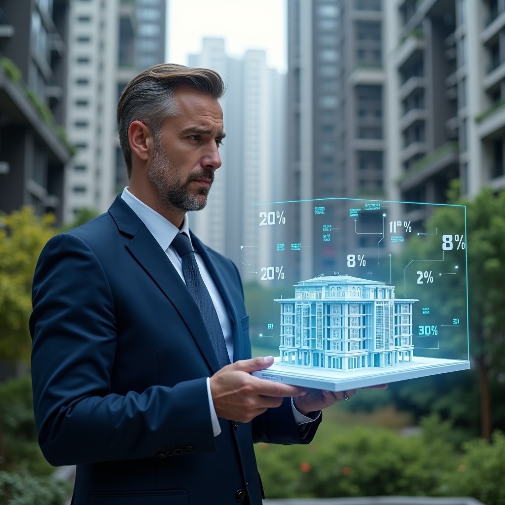 (Ultra-realistic condominium manager in a navy blue executive suit, set in a modern luxury condominium environment with high-rise buildings and carefully landscaped greenery, thoughtfully examining a holographic 3D building model with highlighted fractional percentages floating around, confident and focused expression, cinematic lighting, shallow depth of field, highly detailed textures, realistic skin, photographic realism, 8k resolution --ar 1:1 --v 6)
