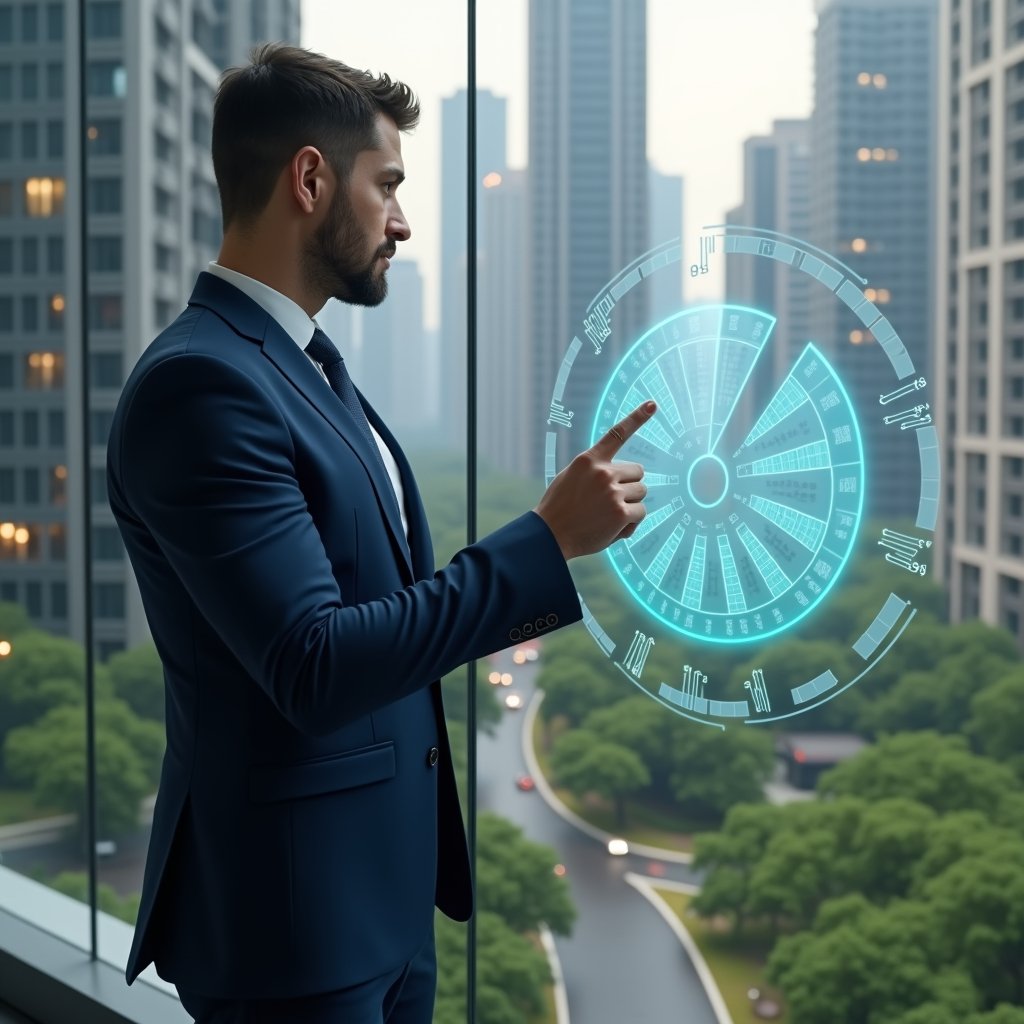 (Ultra-realistic condominium manager in a navy blue suit, set in a modern luxury condominium environment with high-rise buildings and lush green landscaping, examining a holographic pie chart of unit fractions, pointing thoughtfully at precise percentage values, cinematic lighting, shallow depth of field, highly detailed textures, realistic skin, photographic realism, 8k resolution --ar 1:1 --v 6)