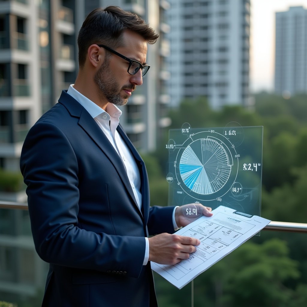 Ultra-realistic condominium manager in a navy blue suit, set in a modern luxury condominium environment with high-rise buildings and lush green landscaping, holding and analyzing a holographic pie chart of fractional ownership values above a floor plan, looking thoughtfully at the data, symbolic fractional icons and transparent rate calculation formulas floating around, cinematic lighting, shallow depth of field, highly detailed textures, realistic skin, photographic realism, 8k resolution --ar 1:1 --v 6