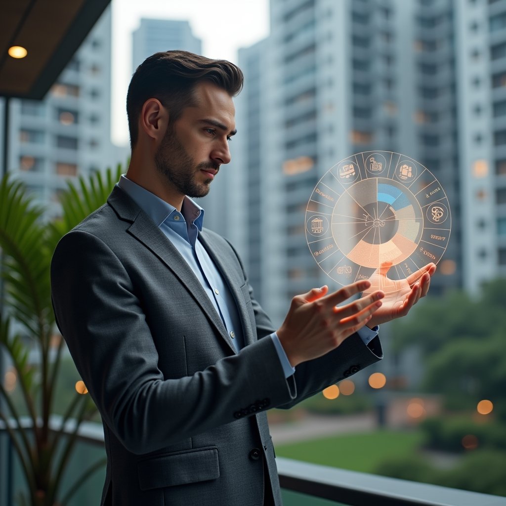 (Ultra-realistic condominium manager in a charcoal gray suit, set in a modern luxury condominium environment with high-rise buildings and meticulously landscaped gardens, mid-shot of a professional reviewing a floating holographic pie chart that represents ideal fractions and budget allocations, confident and focused expression, holographic data panels and financial icons glowing around him, cinematic lighting, shallow depth of field, highly detailed textures, realistic skin, photographic realism, 8k resolution --ar 1:1 --v 6)