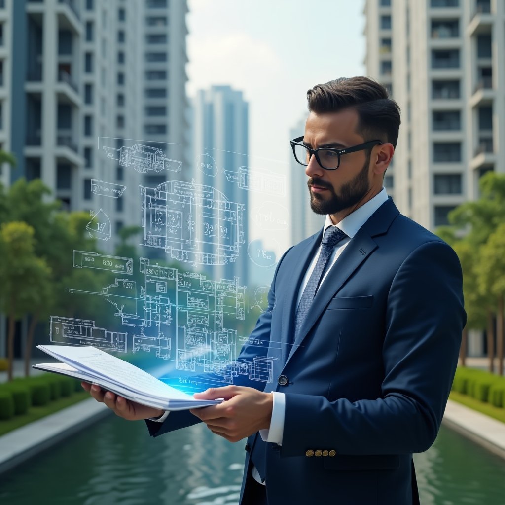 Ultra-realistic condominium manager in a tailored navy suit, set in a modern luxury condominium environment with high-rise buildings and lush green landscaping, mid shot of a confident professional reviewing a holographic fractional diagram over a digital blueprint, floating percentage icons and architectural floor plans symbolizing precise calculations, cinematic lighting, shallow depth of field, highly detailed textures, realistic skin, photographic realism, 8k resolution --ar 1:1 --v 6