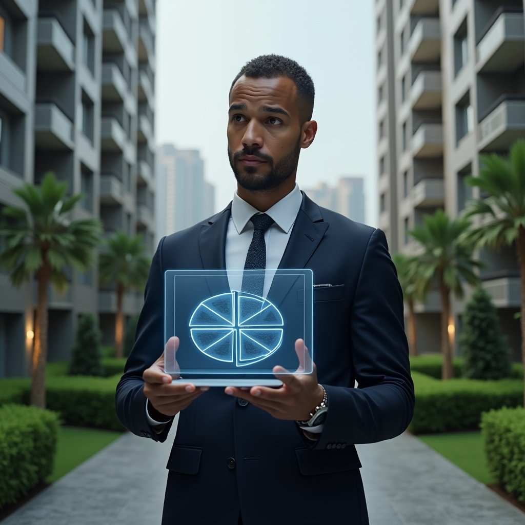 (Ultra-realistic condominium manager in a dark navy suit, set in a modern luxury condominium environment with high-rise buildings and manicured green landscaping, analyzing a floating holographic floor-plan pie chart that illustrates ideal fractions, confident and thoughtful expression, cinematic lighting, shallow depth of field, highly detailed textures, realistic skin, photographic realism, 8k resolution --ar 1:1 --v 6)