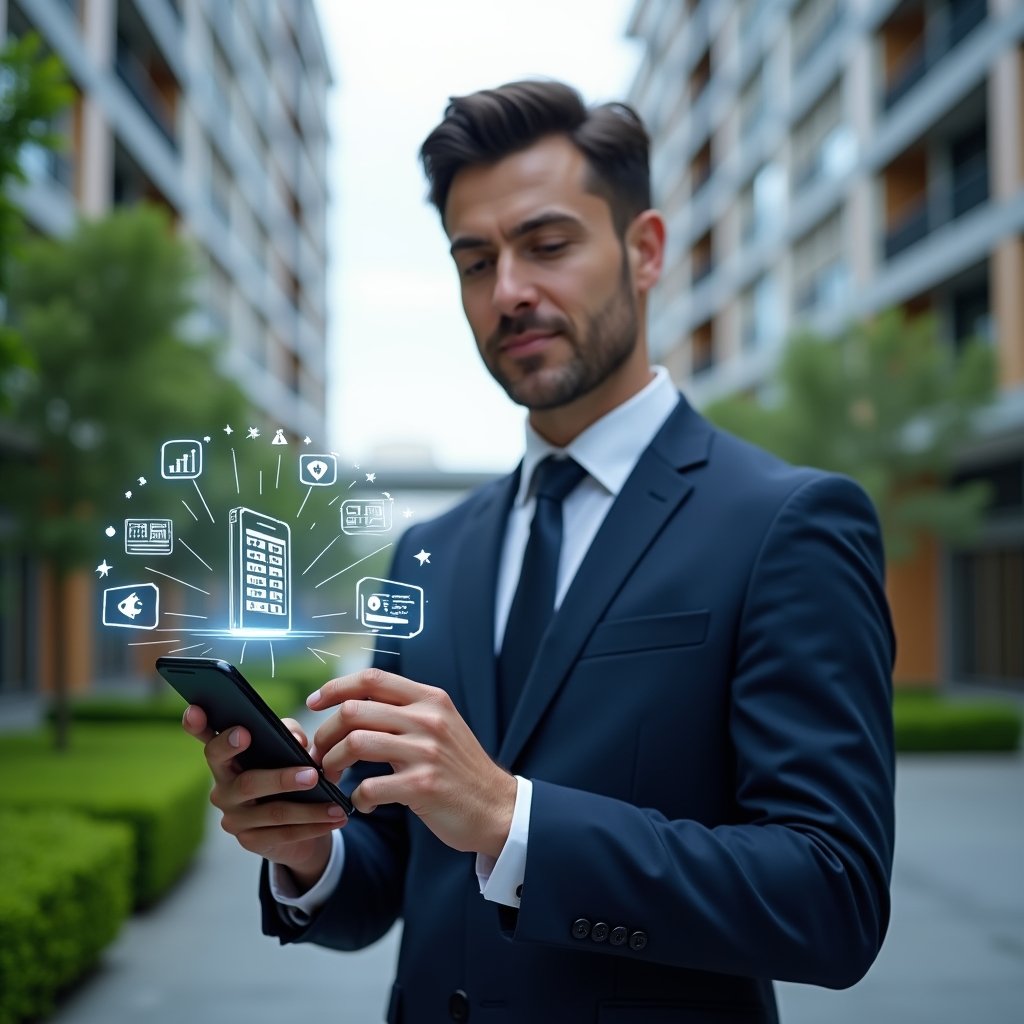(Ultra-realistic condominium manager in a navy blue suit, set in a modern luxury condominium environment with high-rise buildings and lush green landscaping, holding a smartphone displaying a sleek condo management app interface, holographic icons of finance charts, chat bubbles, and security shields floating beside them, confident expression, cinematic lighting, shallow depth of field, highly detailed textures, realistic skin, photographic realism, 8k resolution --ar 1:1 --v 6)