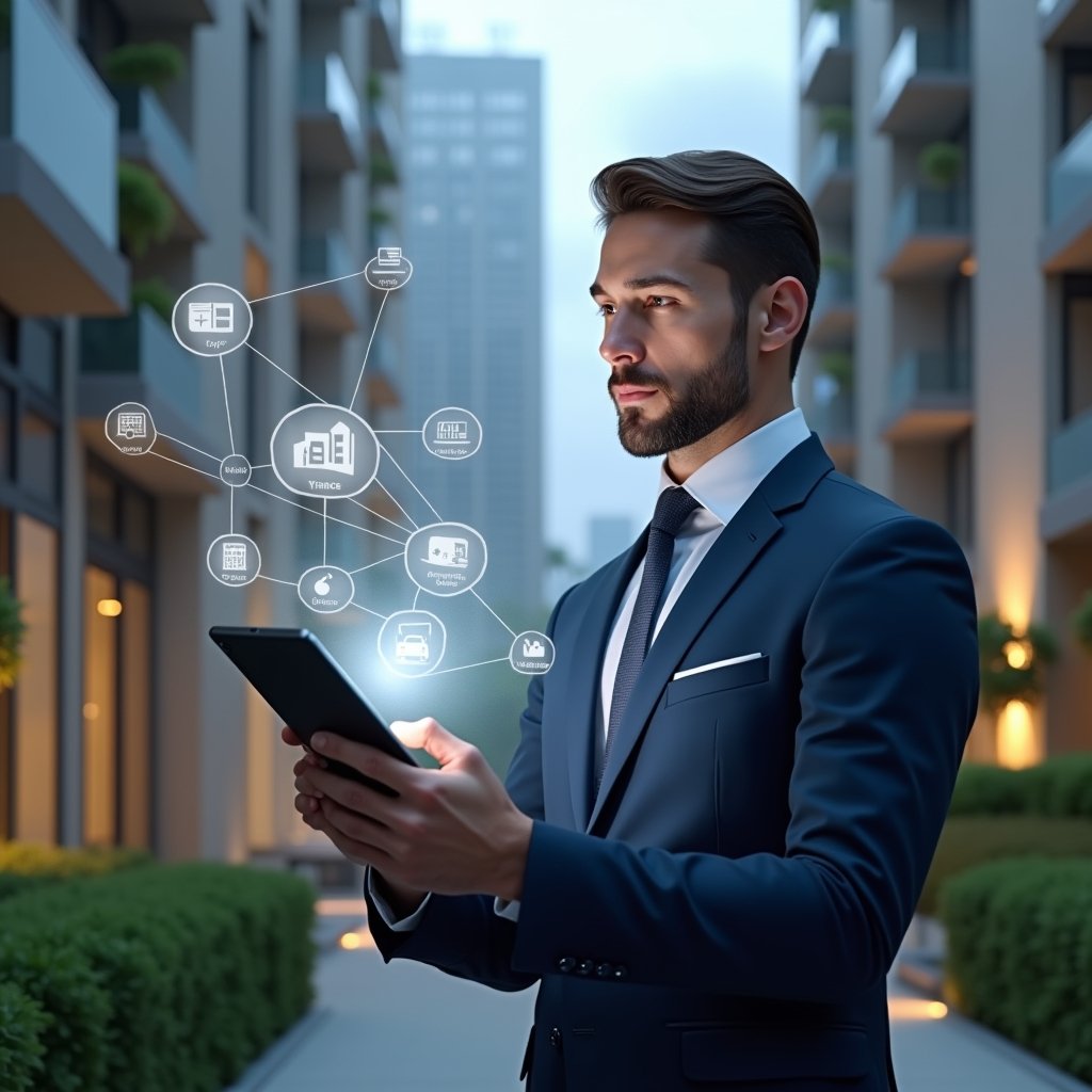 Ultra-realistic condominium manager in a navy blue executive suit, set in a modern luxury condominium environment with high-rise buildings and manicured green landscaping, holding a tablet displaying a holographic interface of an apartment management app with floating icons for finances, reservations, and notifications, confidently analyzing the digital display, cinematic lighting, shallow depth of field, highly detailed textures, realistic skin, photographic realism, 8k resolution --ar 1:1 --v 6