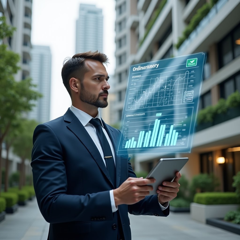 (Ultra-realistic condominium manager in a navy suit, set in a modern luxury condominium environment with high-rise buildings and meticulously landscaped greenery, reviewing a transparent holographic budget chart displaying ordinary and extraordinary expense categories, holding a sleek tablet and wearing a confident, analytical expression, cinematic lighting, shallow depth of field, highly detailed textures, realistic skin, photographic realism, 8k resolution --ar 1:1 --v 6)