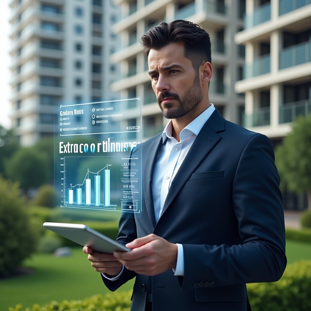 Ultra-realistic condominium manager in a navy executive suit, set in a modern luxury condominium environment with high-rise buildings and manicured green landscaping, analyzing a holographic budget breakdown showing “ordinary” and “extraordinary” expense charts, holding a tablet with floating financial icons, confident and focused expression, cinematic lighting, shallow depth of field, highly detailed textures, realistic skin, photographic realism, 8k resolution --ar 1:1 --v 6