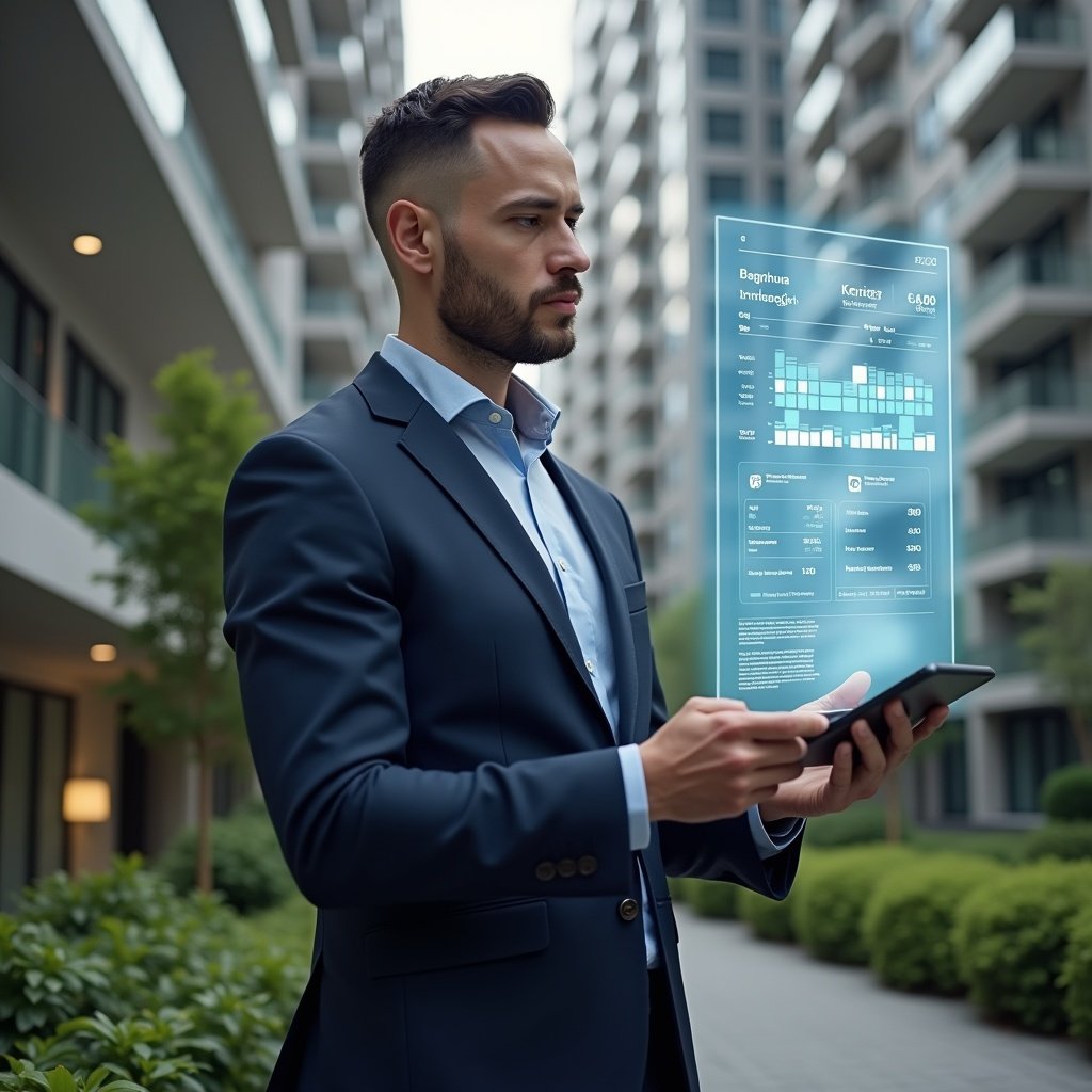 Ultra-realistic condominium manager in a tailored navy suit, set in a modern luxury condominium environment with high-rise buildings and manicured green landscaping, reviewing a floating holographic financial report with invoices and bar charts, confident and thoughtful expression, cinematic lighting, shallow depth of field, highly detailed textures, realistic skin, photographic realism, 8k resolution --ar 1:1 --v 6