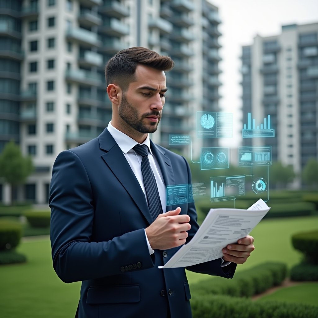 Ultra-realistic condominium manager in a navy executive suit, set in a modern luxury condominium environment with high-rise buildings and manicured green gardens, reviewing holographic financial reports and holding printed documents, floating icons of charts and calendars around him, confident and focused expression, cinematic lighting, shallow depth of field, highly detailed textures, realistic skin, photographic realism, 8k resolution --ar 1:1 --v 6