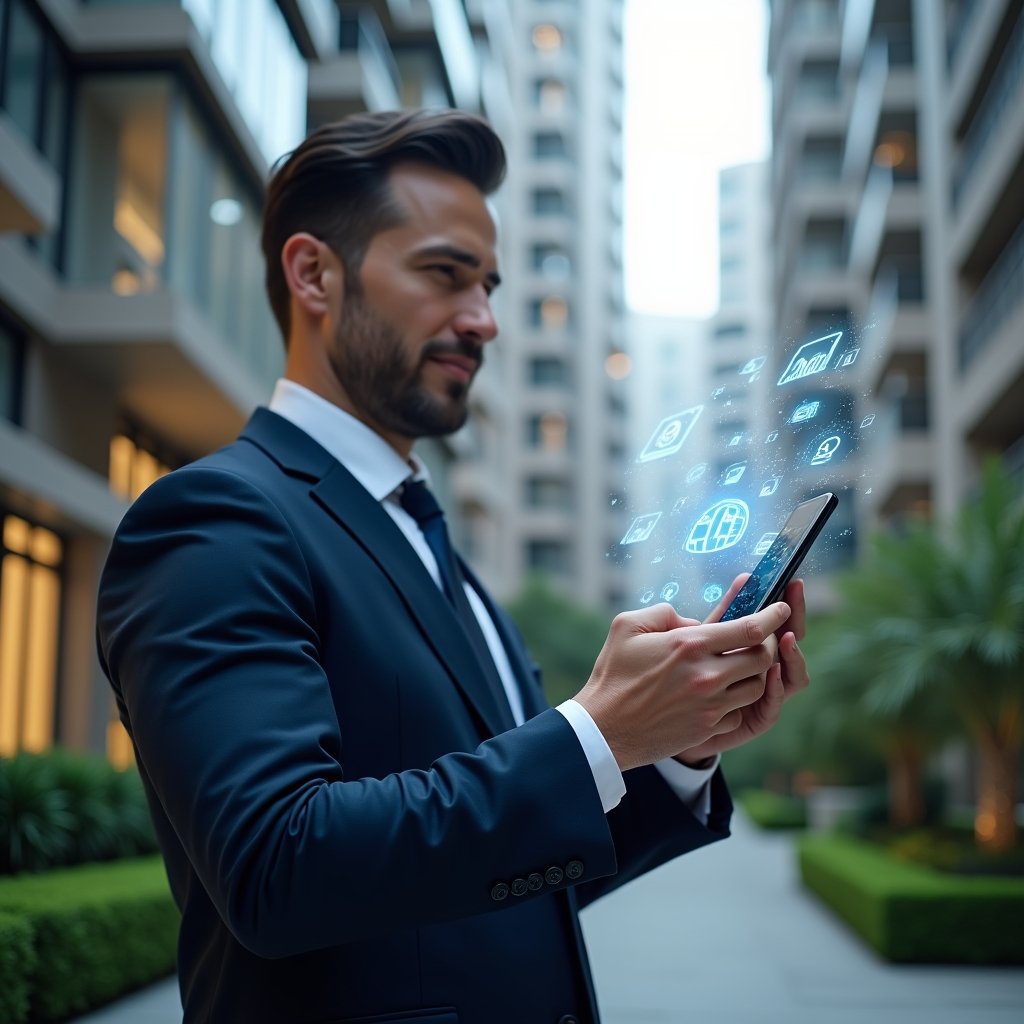 Ultra-realistic condominium manager in a navy suit, set in a modern luxury condominium environment with high-rise buildings and manicured green landscaping, confidently interacting with a holographic smartphone interface displaying app icons and data charts, futuristic holographic dashboard elements symbolizing efficient management, cinematic lighting, shallow depth of field, highly detailed textures, realistic skin, photographic realism, 8k resolution --ar 1:1 --v 6