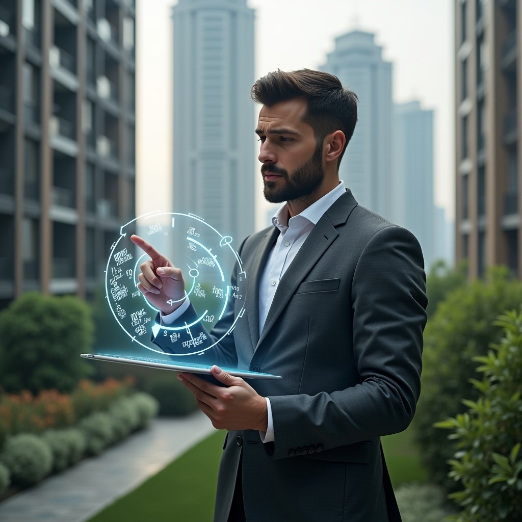 Ultra-realistic condominium manager in a charcoal gray tailored suit, set in a modern luxury condominium environment with high-rise buildings and manicured gardens, holding and studying a holographic pie chart with percentage labels while pointing to floating fraction formulas, thoughtful and confident expression, cinematic lighting, shallow depth of field, highly detailed textures, realistic skin, photographic realism, 8k resolution --ar 1:1 --v 6