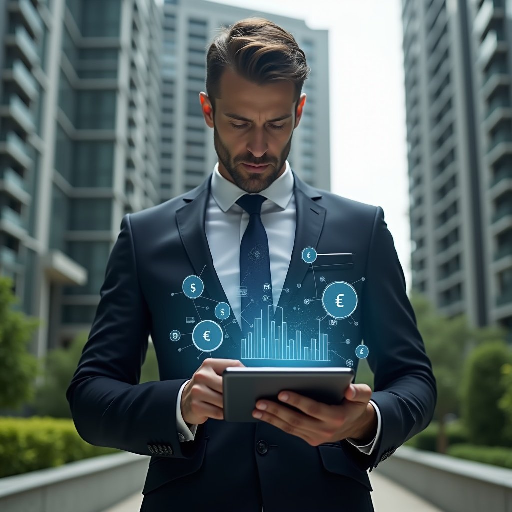 (Ultra-realistic condominium manager in a dark navy tailored suit, set in a modern luxury condominium environment with high-rise buildings and meticulously maintained green landscaping, examining a digital tablet displaying holographic financial charts and pie graphs, confident and focused expression, floating translucent icons of currency symbols and bar graphs around them, cinematic lighting, shallow depth of field, highly detailed textures, realistic skin, photographic realism, 8k resolution --ar 1:1 --v 6)