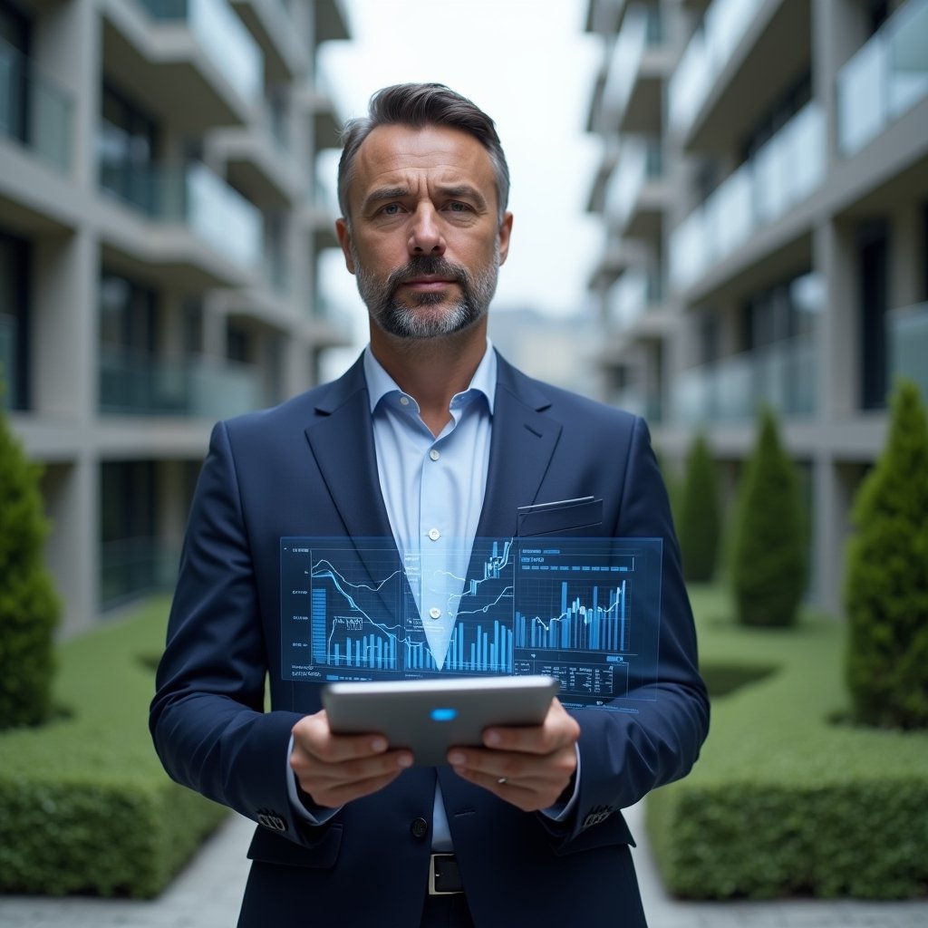 Ultra-realistic condo manager in a navy blue suit, set in a modern luxury condominium environment with high-rise buildings and well-manicured green landscaping, presenting a digital tablet displaying holographic financial charts and spreadsheets, confident and focused expression, cinematic lighting, shallow depth of field, highly detailed textures, realistic skin, photographic realism, 8k resolution --ar 1:1 --v 6