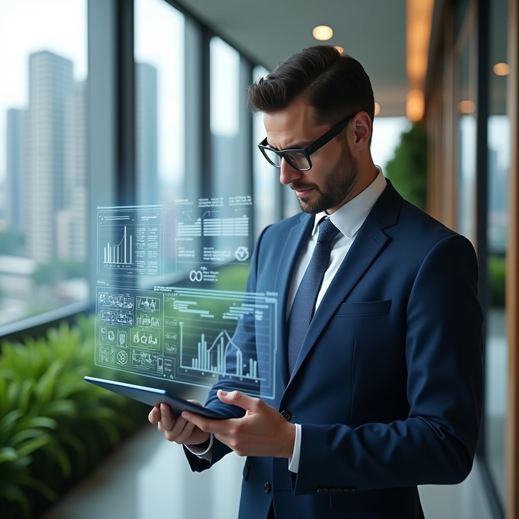 (Ultra-realistic condominium manager in a navy executive suit, set in a modern luxury condominium environment with high-rise buildings and manicured green landscaping, confidently analyzing a holographic digital dashboard displayed on a tablet, holographic floor plans and charts floating beside, cinematic lighting, shallow depth of field, highly detailed textures, realistic skin, photographic realism, 8k resolution --ar 1:1 --v 6)