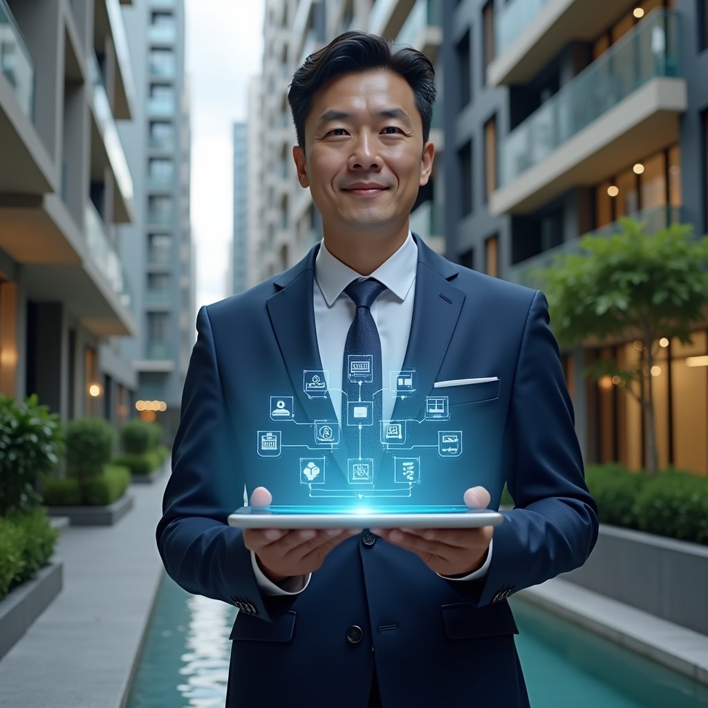 Ultra-realistic condominium manager in a navy blue executive suit, medium shot holding a transparent holographic tablet displaying an intuitive condo management app interface with icons for finances, messages, and tasks, set in a modern luxury condominium environment with high-rise buildings and manicured gardens, confident and focused expression, cinematic lighting, shallow depth of field, highly detailed textures, realistic skin, photographic realism, 8k resolution --ar 1:1 --v 6