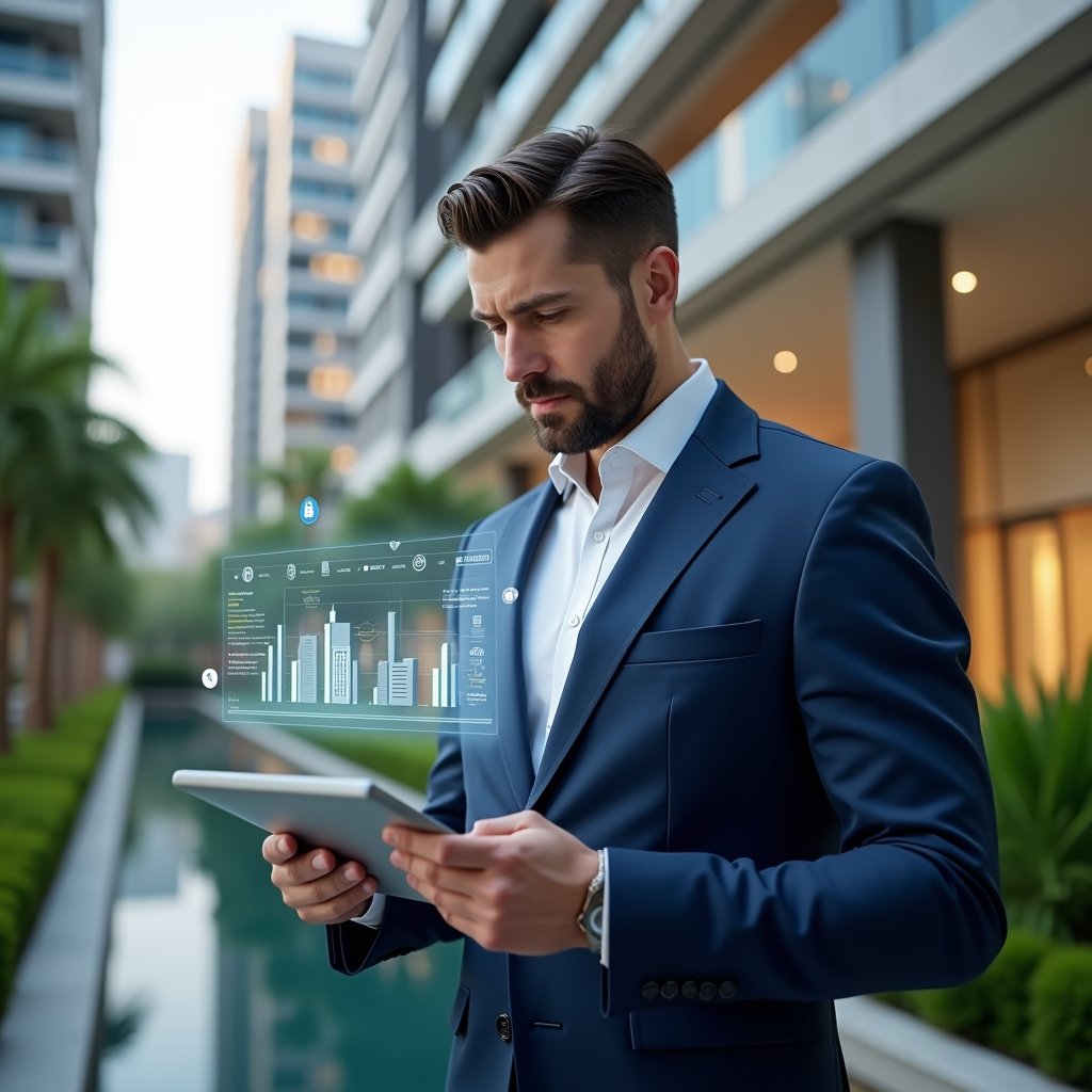 (Ultra-realistic condominium manager in a navy blue suit, set in a modern luxury condominium environment with high-rise buildings and manicured green landscaping, holding a tablet and analyzing holographic expense charts with a focused, confident expression, surrounded by floating budget icons and approval stamps, cinematic lighting, shallow depth of field, highly detailed textures, realistic skin, photographic realism, 8k resolution --ar 1:1 --v 6)