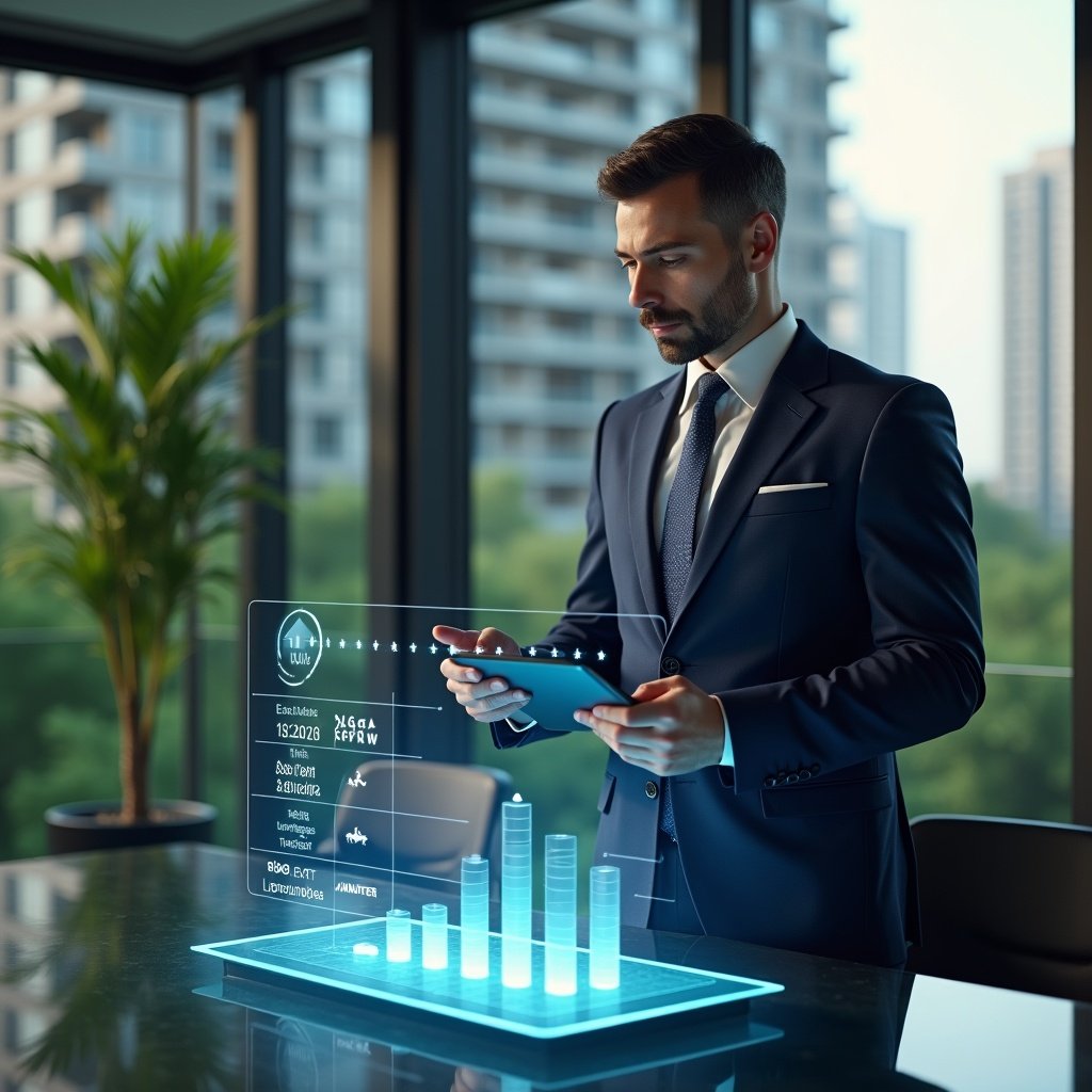 (Ultra-realistic condominium manager in a tailored navy suit, set in a modern luxury condominium environment with high-rise buildings and lush green landscaping, standing confidently in a medium close-up reviewing a holographic financial chart of extraordinary expenses over a sleek glass table, holding a digital tablet displaying approval voting icons, cinematic lighting, shallow depth of field, highly detailed textures, realistic skin, photographic realism, 8k resolution --ar 1:1 --v 6)