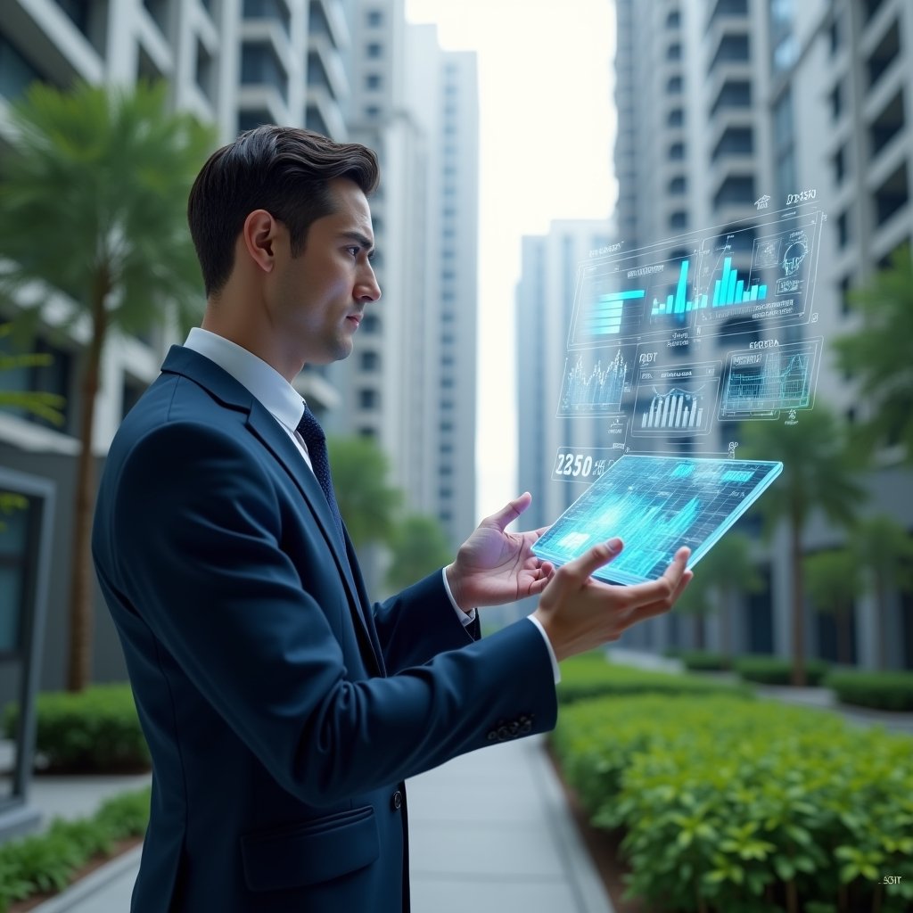 Ultra-realistic condominium manager in a navy executive suit, set in a modern luxury condominium environment with high-rise buildings and manicured green landscaping, confidently examining a holographic dashboard of performance indicators with floating charts and graphs, cinematic lighting, shallow depth of field, highly detailed textures, realistic skin, photographic realism, 8k resolution --ar 1:1 --v 6