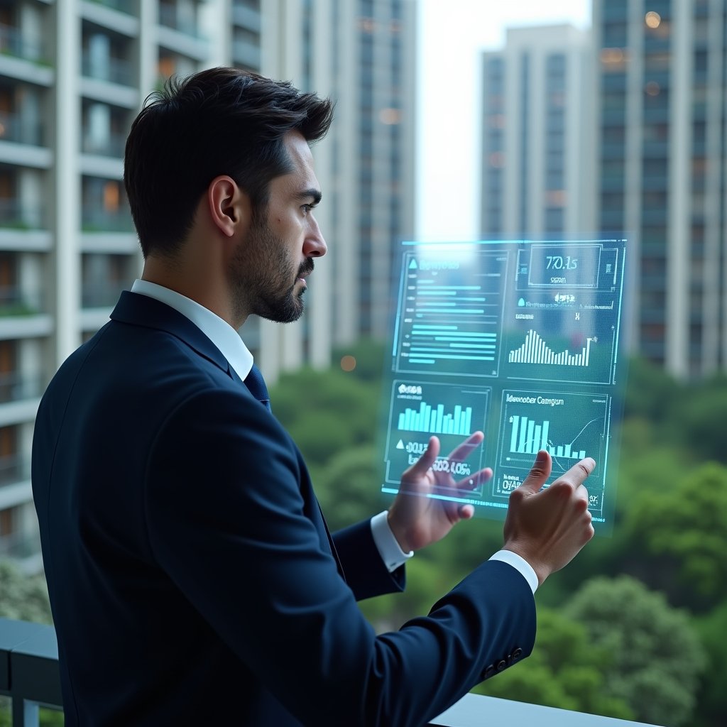 (Ultra-realistic condominium manager in a navy executive suit, set in a modern luxury condominium environment with high-rise buildings and lush green landscaping, thoughtfully reviewing a holographic dashboard displaying financial, maintenance, security and satisfaction metrics, floating chart and icon overlays, cinematic lighting, shallow depth of field, highly detailed textures, realistic skin, photographic realism, 8k resolution --ar 1:1 --v 6)