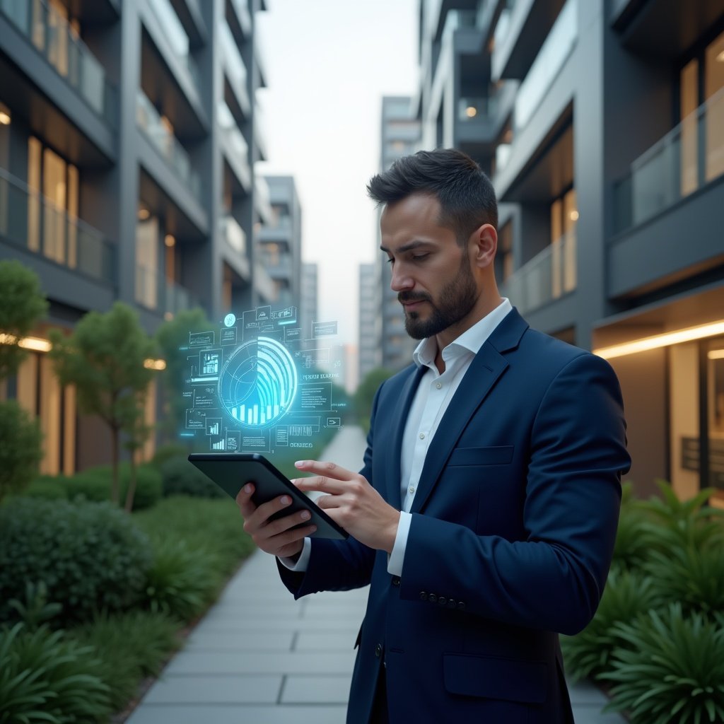 (Ultra-realistic condominium manager in a tailored navy suit, set in a modern luxury condominium environment with high-rise buildings and manicured green landscaping, analyzing a digital tablet displaying holographic financial charts and reports, pointing thoughtfully at a glowing pie chart icon to symbolize transparent accounting, cinematic lighting, shallow depth of field, highly detailed textures, realistic skin, photographic realism, 8k resolution --ar 1:1 --v 6)