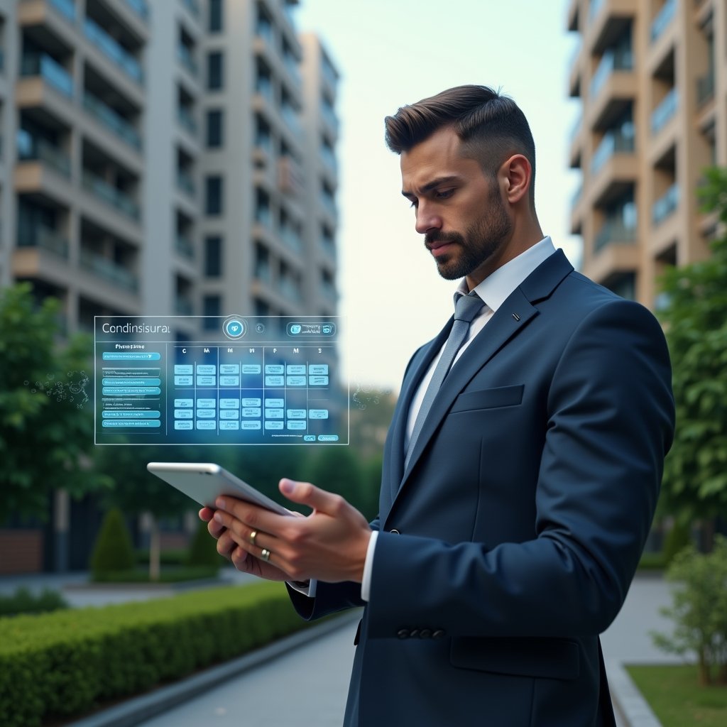 (Ultra-realistic condominium manager in a tailored navy suit, set in a modern luxury condominium environment with high-rise buildings and manicured green spaces, holding a tablet displaying a holographic calendar with checkmarks and maintenance icons as he plans activities, a floating holographic timeline beside him illustrating eight steps, confident and focused expression, cinematic lighting, shallow depth of field, highly detailed textures, realistic skin, photographic realism, 8k resolution --ar 1:1 --v 6)