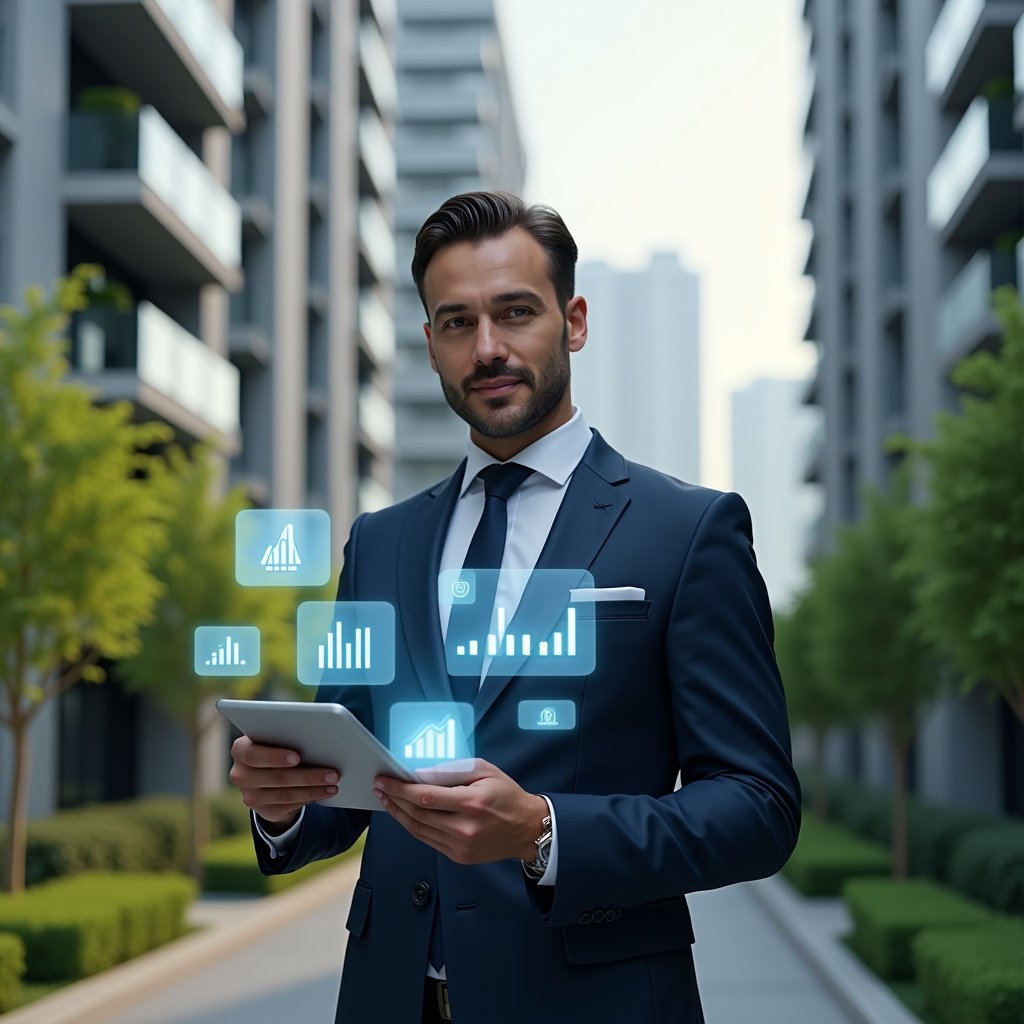 (Ultra-realistic condominium manager in a tailored navy suit, set in a modern luxury condominium environment with high-rise buildings and manicured green landscaping, holding a holographic tablet displaying real-time reports and chat notifications, confident expression as they interact with floating icons of graphs and message bubbles symbolizing remote management and instant communication, cinematic lighting, shallow depth of field, highly detailed textures, realistic skin, photographic realism, 8k resolution --ar 1:1 --v 6)