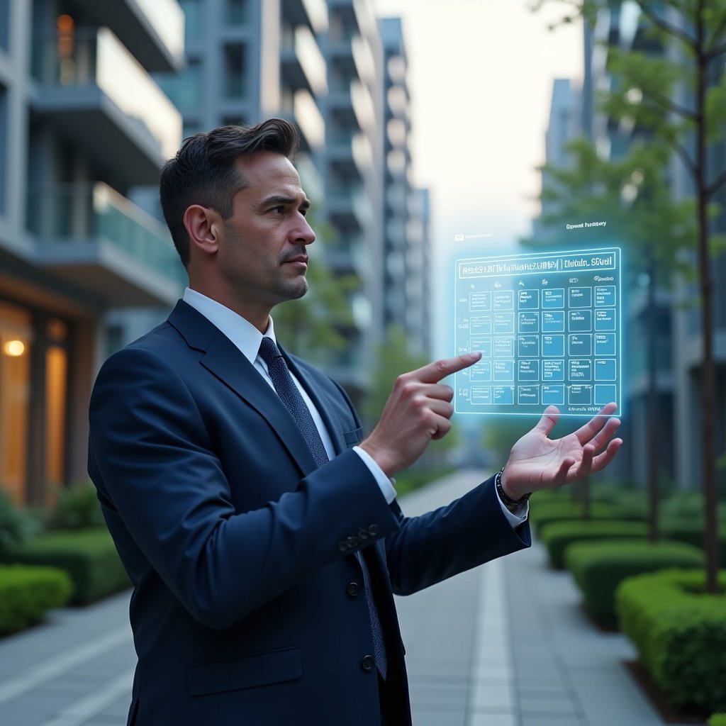 (Ultra-realistic condominium manager in a navy blue executive suit, set in a modern luxury condominium environment with high-rise buildings and meticulously landscaped greenery, interacting with a floating holographic activity schedule calendar—pointing confidently at upcoming tasks and events, conveying efficiency and control—cinematic lighting, shallow depth of field, highly detailed textures, realistic skin, photographic realism, 8k resolution --ar 1:1 --v 6)