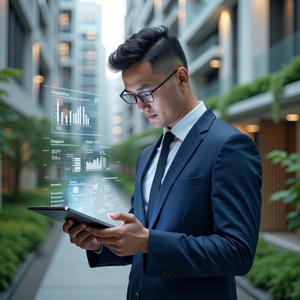 Ultra-realistic condominium manager in a navy blue suit, set in a modern luxury condominium environment with high-rise buildings and green landscaping, confidently reviewing digital financial reports on a transparent tablet with holographic charts floating above, cinematic lighting, shallow depth of field, highly detailed textures, realistic skin, photographic realism, 8k resolution --ar 1:1 --v 6
