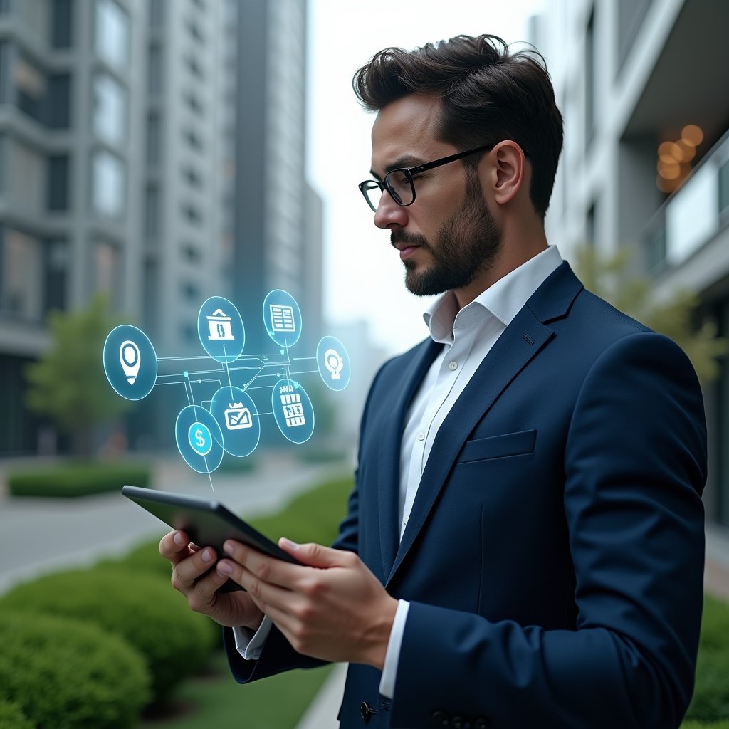 (Ultra-realistic condominium manager in a navy blue tailored suit, set in a modern luxury condominium environment with high-rise buildings and manicured green landscaping, holding a tablet and confidently interacting with a floating holographic interface displaying app icons for reservations, maintenance tickets, and financial reports, cinematic lighting, shallow depth of field, highly detailed textures, realistic skin, photographic realism, 8k resolution --ar 1:1 --v 6)