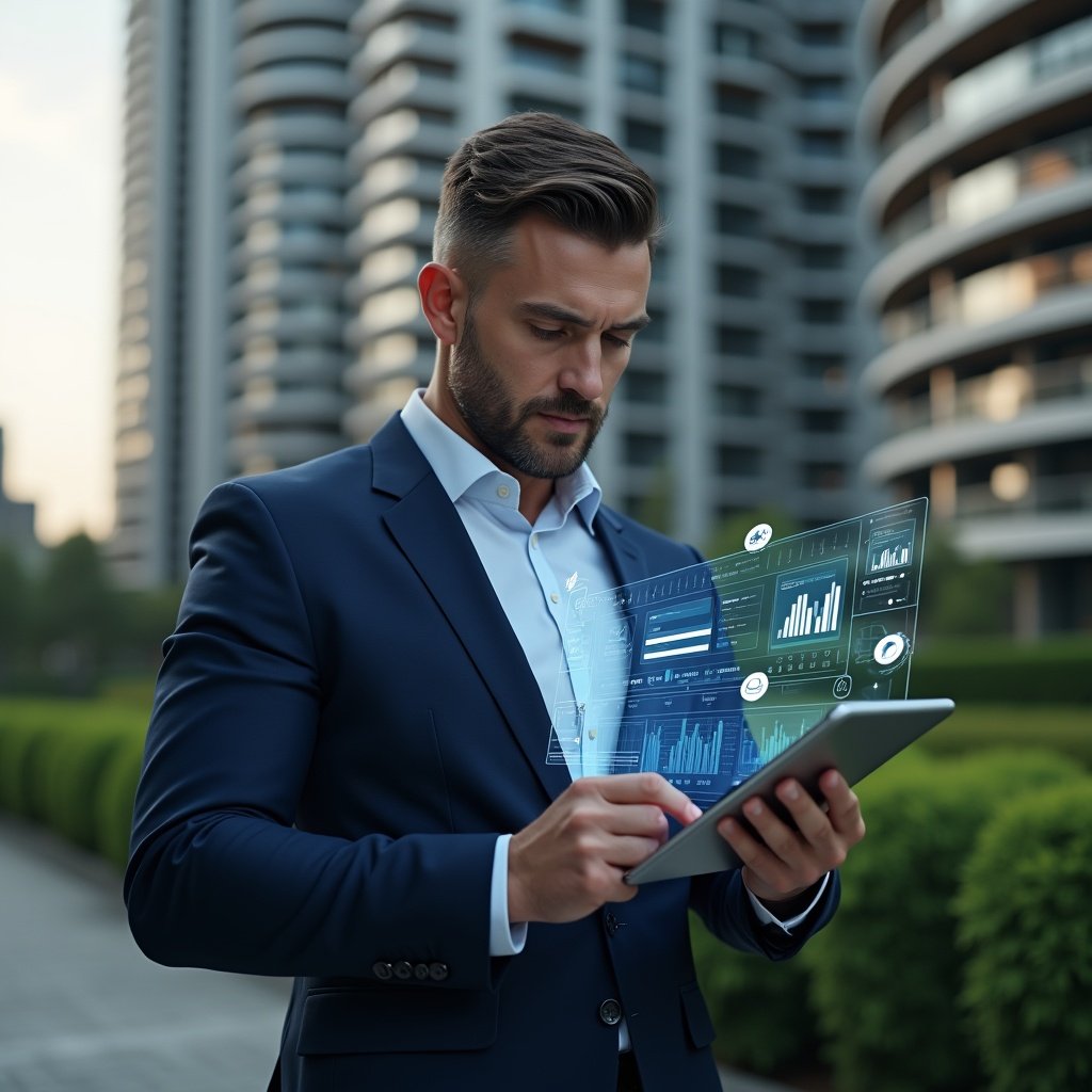 Ultra-realistic condominium manager in a tailored navy suit, set in a modern luxury condominium environment with high-rise buildings and meticulously landscaped gardens, examining holographic financial charts projected from a sleek tablet, confident and focused expression, subtle icons of pie and bar graphs floating nearby, cinematic lighting, shallow depth of field, highly detailed textures, realistic skin, photographic realism, 8k resolution --ar 1:1 --v 6