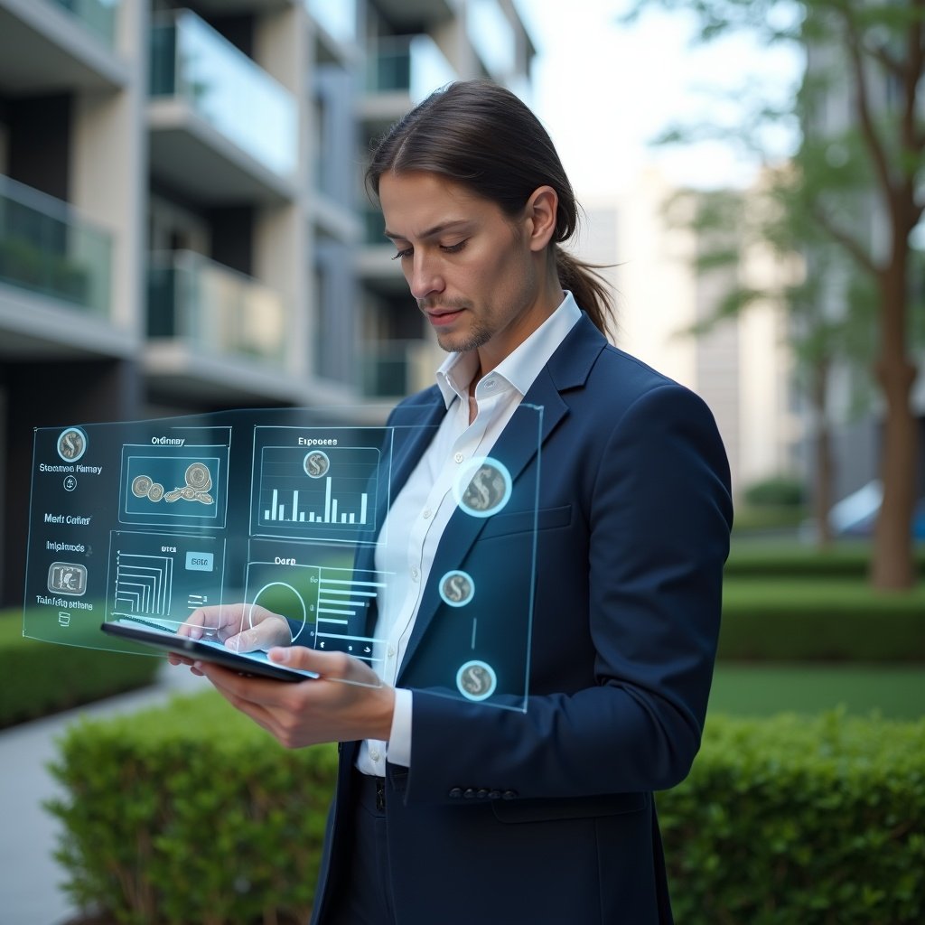 Ultra-realistic condominium manager in a navy executive suit, set in a modern luxury condominium environment with high-rise buildings and manicured green landscaping, standing in a medium shot while reviewing holographic financial charts that distinguish ordinary and extraordinary expenses, holding a tablet displaying a condo management app interface, holographic icons of coins and budget graphs floating nearby, confident and focused expression, cinematic lighting, shallow depth of field, highly detailed textures, realistic skin, photographic realism, 8k resolution --ar 1:1 --v 6