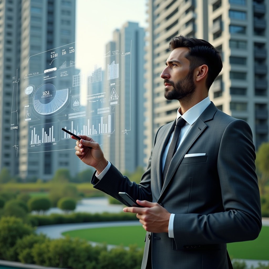 Ultra-realistic condominium manager in a charcoal gray executive suit, set in a modern luxury condominium environment with high-rise buildings and manicured green landscaping, examining a floating holographic pie chart of unit fractions and expense divisions with a stylus in hand, holographic building models displaying numerical coefficients around them, thoughtful and confident expression, cinematic lighting, shallow depth of field, highly detailed textures, realistic skin, photographic realism, 8k resolution --ar 1:1 --v 6