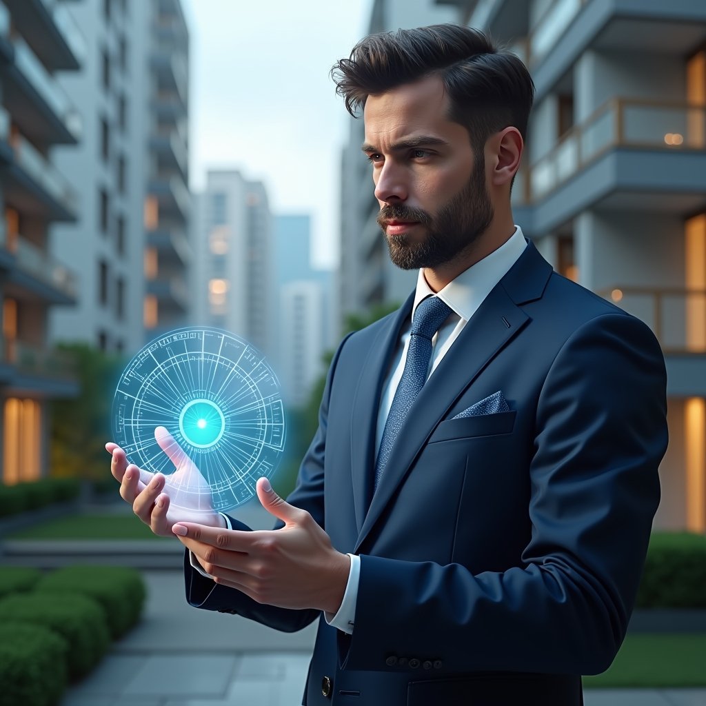 Ultra-realistic condominium manager in a navy blue suit, set in a modern luxury condominium environment with high-rise buildings and meticulously landscaped gardens, analyzing a transparent holographic pie chart of unit fractions and monthly fees with a confident, thoughtful expression, holographic fraction ideal icons floating beside him, cinematic lighting, shallow depth of field, highly detailed textures, realistic skin, photographic realism, 8k resolution --ar 1:1 --v 6