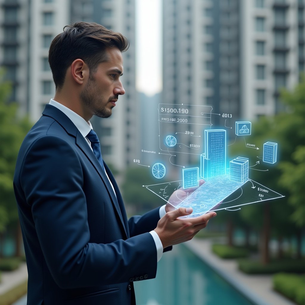(Ultra-realistic condominium manager in a navy blue suit, set in a modern luxury condominium environment with high-rise buildings and lush green landscaping, analyzing a holographic pie chart that illustrates the ideal fraction and cost distribution, holographic icons of building units and currency symbols floating around, thoughtful and confident expression, cinematic lighting, shallow depth of field, highly detailed textures, realistic skin, photographic realism, 8k resolution --ar 1:1 --v 6)
