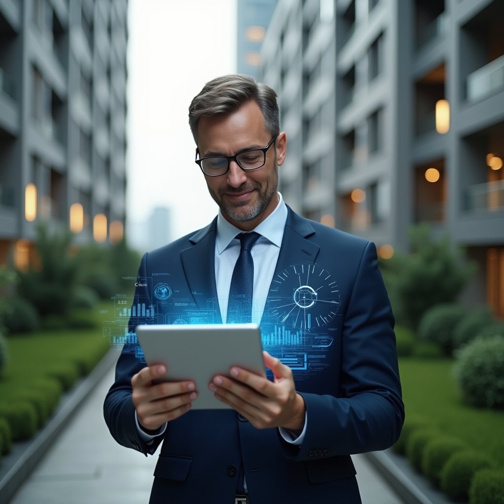 Ultra-realistic condominium manager in a navy executive suit, set in a modern luxury condominium environment with high-rise buildings and meticulously landscaped greenery, mid-shot showing the manager holding a tablet displaying holographic financial charts and automatic report icons, expression confident and focused to convey transparency and trust, cinematic lighting, shallow depth of field, highly detailed textures, realistic skin, photographic realism, 8k resolution --ar 1:1 --v 6