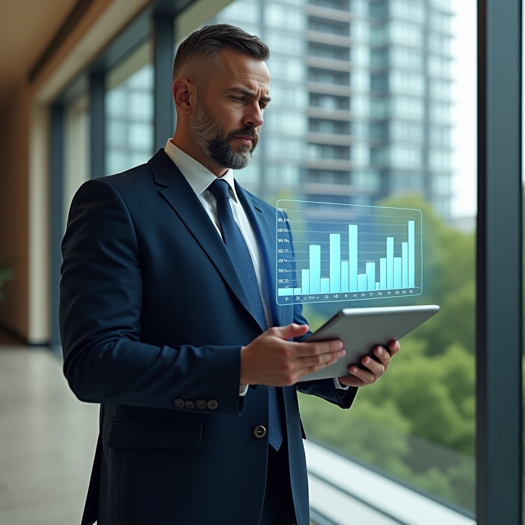 Ultra-realistic condominium manager in a navy executive suit, set in a modern luxury condominium environment with high-rise buildings and lush green landscaping, standing in a sleek lobby while reviewing a floating holographic chart of millesimal fractions and fee distributions on a tablet, thoughtful and confident expression, cinematic lighting, shallow depth of field, highly detailed textures, realistic skin, photographic realism, 8k resolution --ar 1:1 --v 6