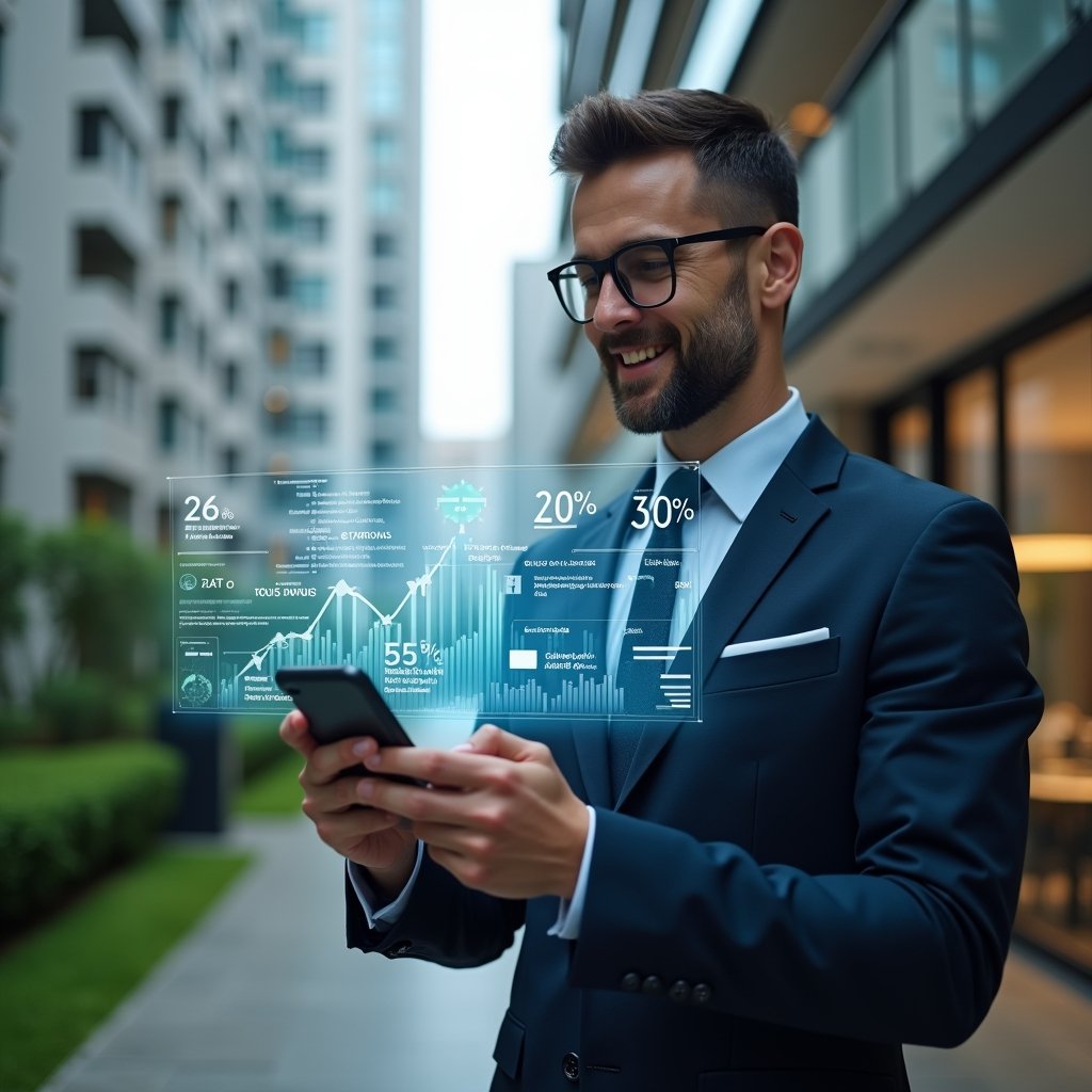 Ultra-realistic condominium manager in a navy executive suit, set in a modern luxury condominium environment with high-rise buildings and lush green landscaping, confidently interacting with a floating holographic dashboard displaying charts and “30% savings” icons, a sleek smartphone in hand emitting digital data streams, cinematic lighting, shallow depth of field, highly detailed textures, realistic skin, photographic realism, 8k resolution --ar 1:1 --v 6