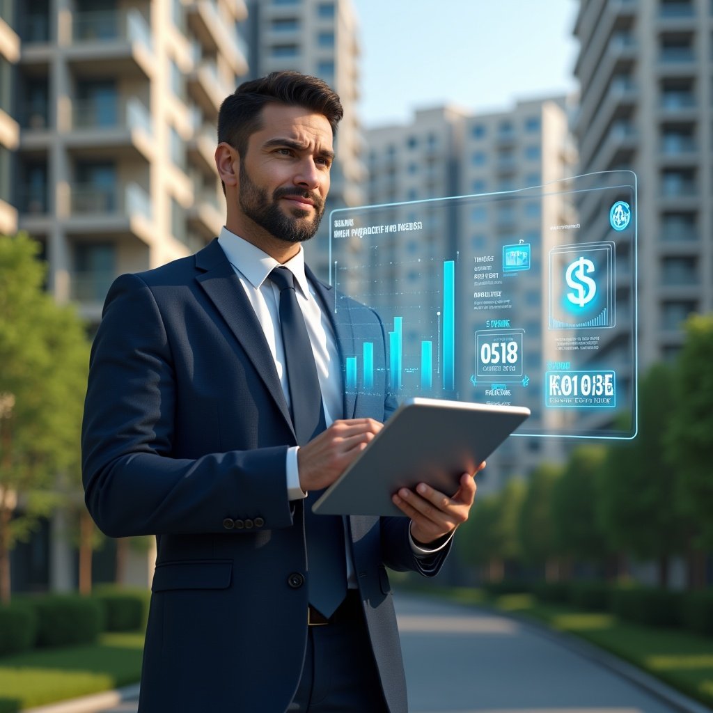 Ultra-realistic condominium property manager in a navy blue suit, set in a modern luxury condominium environment with high-rise buildings and lush green landscaping, holding a tablet displaying holographic financial charts and automated process icons, looking confident and focused, holographic symbols of time savings and cost reduction floating around, cinematic lighting, shallow depth of field, highly detailed textures, realistic skin, photographic realism, 8k resolution --ar 1:1 --v 6