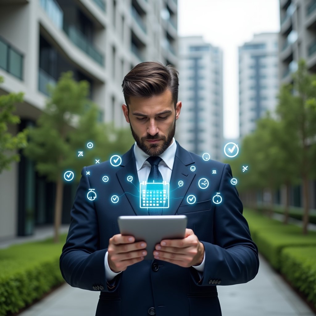 (Ultra-realistic condominium manager in a navy tailored suit, set in a modern luxury condominium environment with high-rise buildings and manicured green landscaping, holding a tablet displaying a holographic calendar and schedule, confidently analyzing tasks, floating icons of checkmarks and clocks around them symbolizing organized planning, cinematic lighting, shallow depth of field, highly detailed textures, realistic skin, photographic realism, 8k resolution --ar 1:1 --v 6)