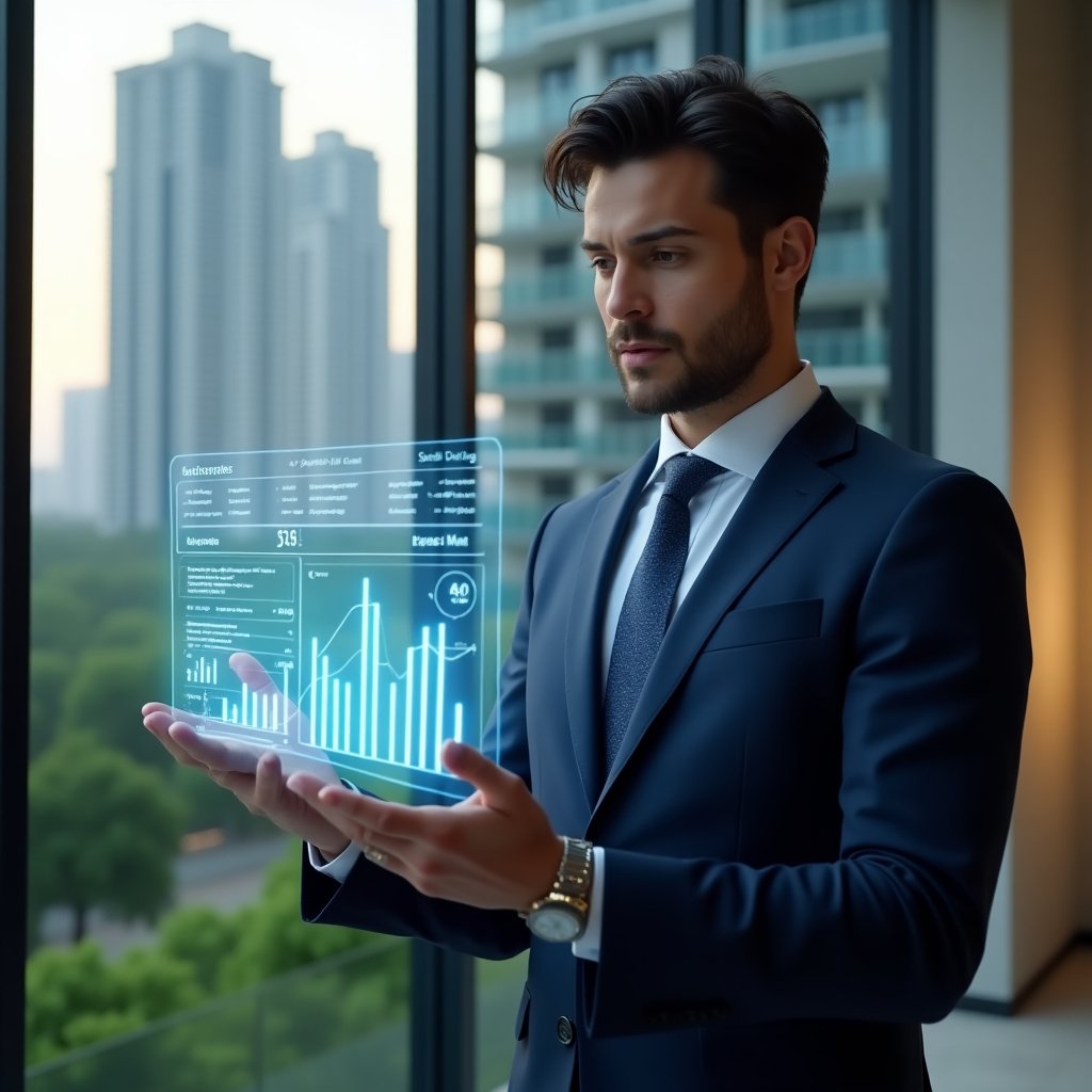 Ultra-realistic condominium manager in a navy executive suit, set in a modern luxury condominium environment with high-rise buildings and green landscaping, medium close-up, analyzing a floating holographic financial report with charts and a clock icon to symbolize timely account closing, focused and confident expression, cinematic lighting, shallow depth of field, highly detailed textures, realistic skin, photographic realism, 8k resolution --ar 1:1 --v 6